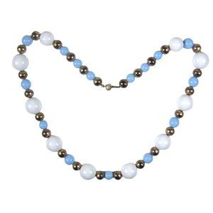 Necklace Silvertone 23 Inch Vintage 1960 1970  Blue White Beaded Strand String